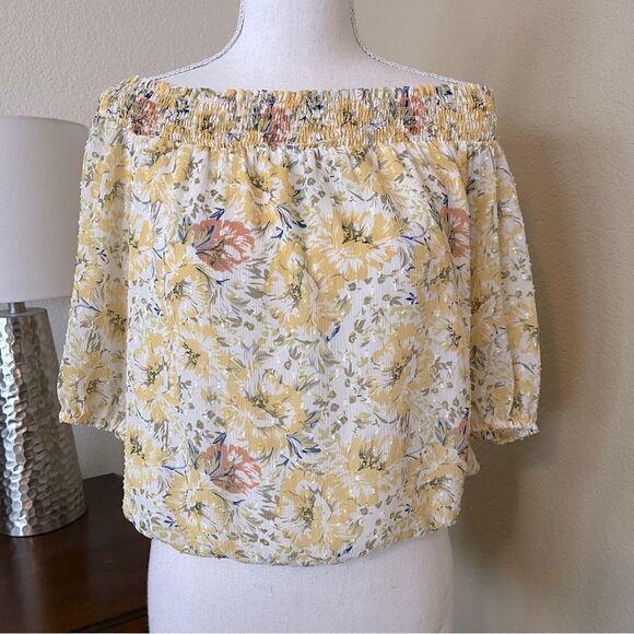 Joie Yellow Off Shoulder Swiss Dot Floral Blouse Top Medium - Picture 1 of 4